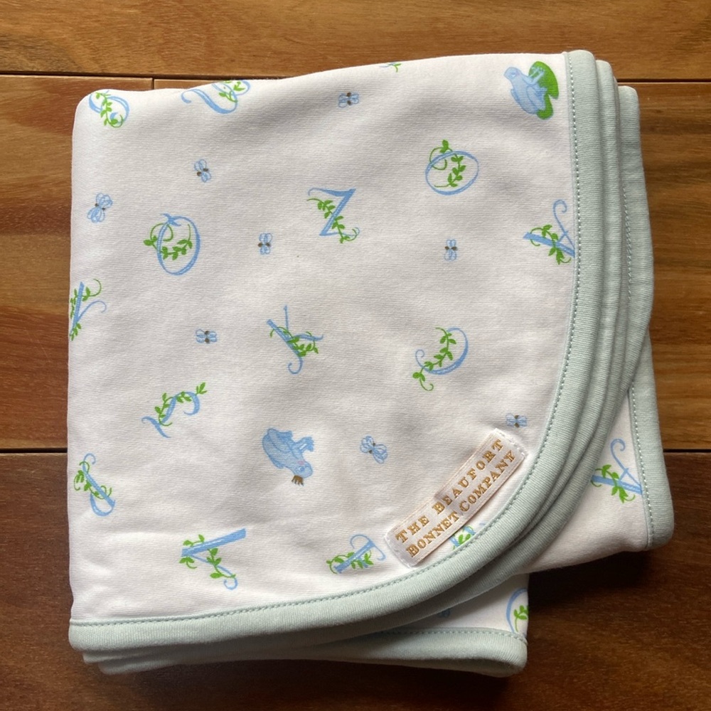 NWOT TBBC Frog Prince ABCs Blue Trim Buggy Blanket 100% Cotton